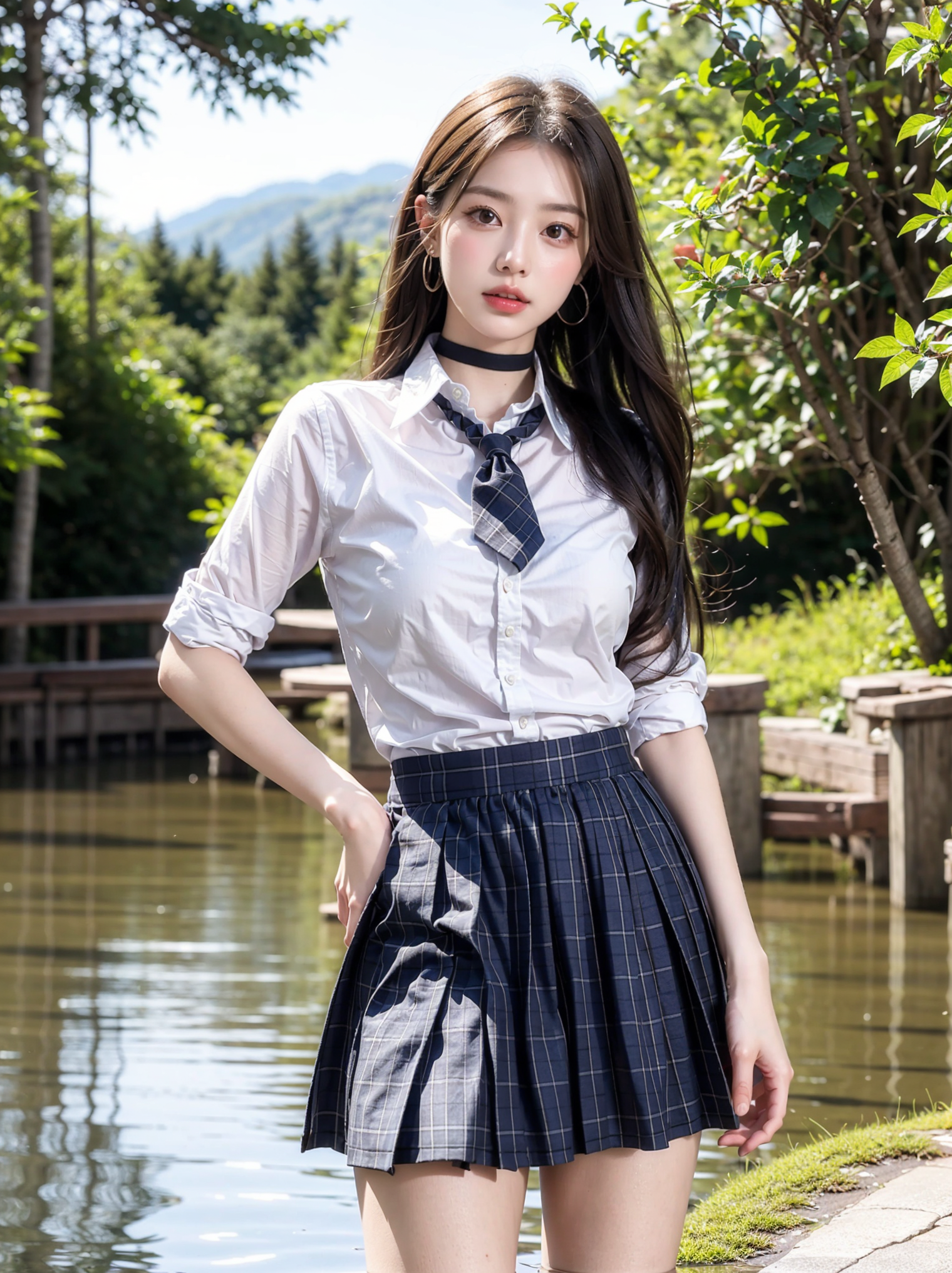  A serene young woman stands near the edge of a tranquil lake v1.0