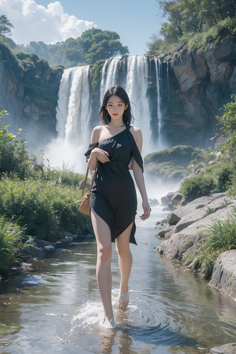 a majestic waterfall cascading down rocky cliffs v1.0