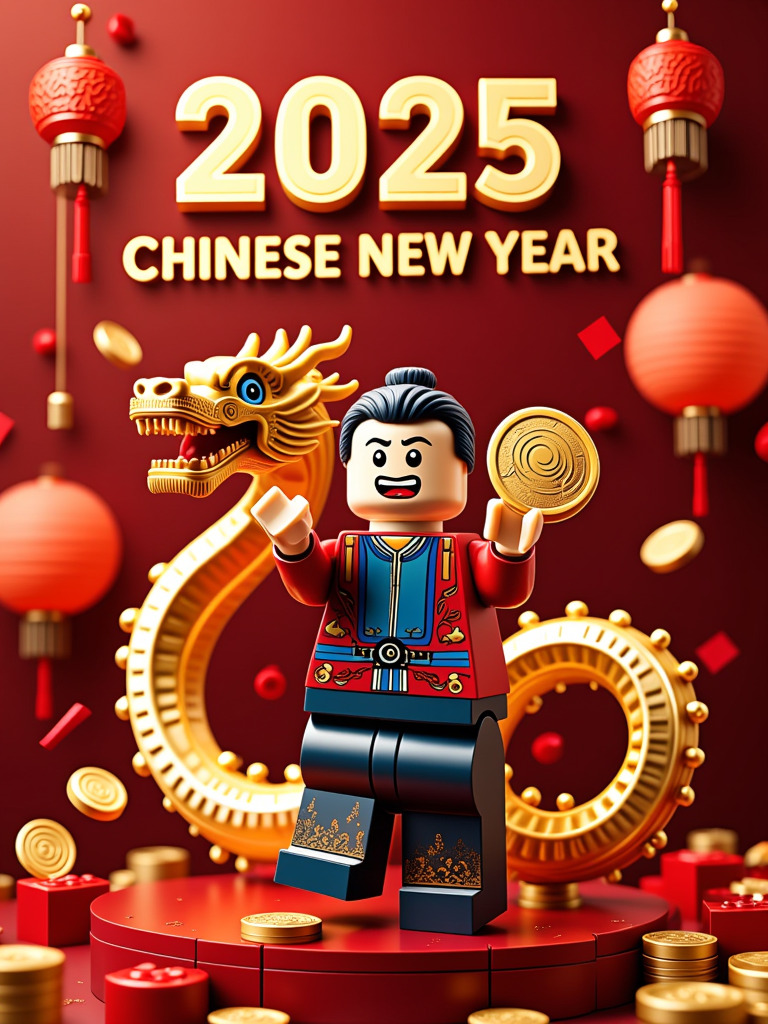 Happy Ai-Lego God of Wealth brings blessings to the Lunar New Year Lego Illustration Poster-FLUX.1 FLUX.1-Happy Ai