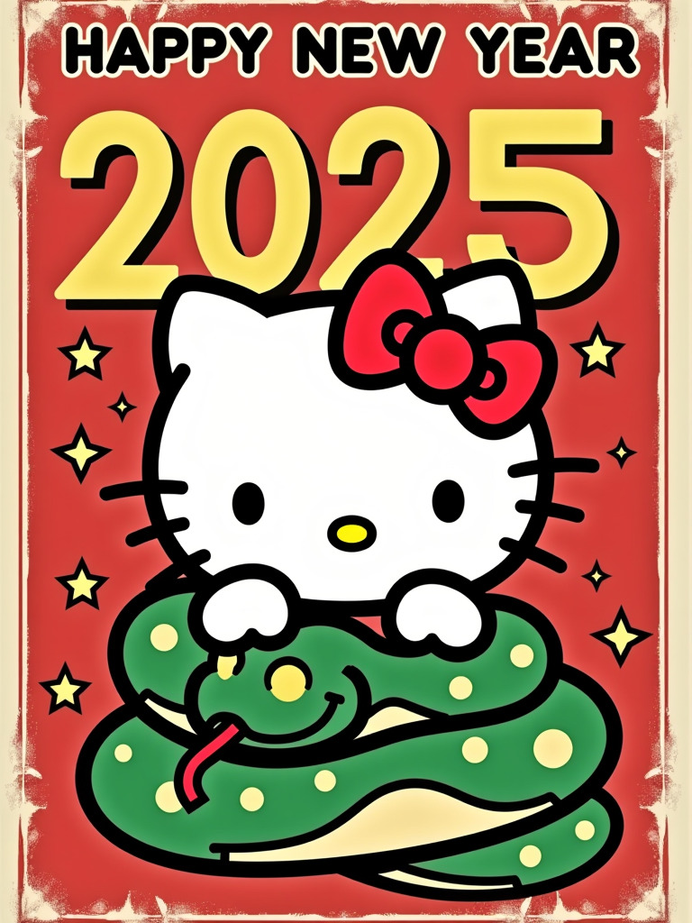 Happy Ai-Cute Hello Kitty & Year of the Snake Retro Poster Illustration Wallpaper Avatar-FLUX.1 FLUX.1-Happy Ai