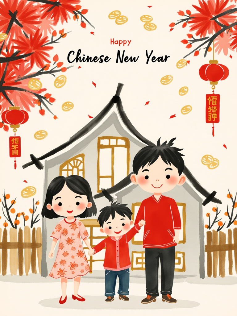 Happy Ai-Lunar New Year Classic Ink Painting Wallpaper Poster Avatar Kid's Illustration-FLUX.1 FLUX.1-Happy Ai