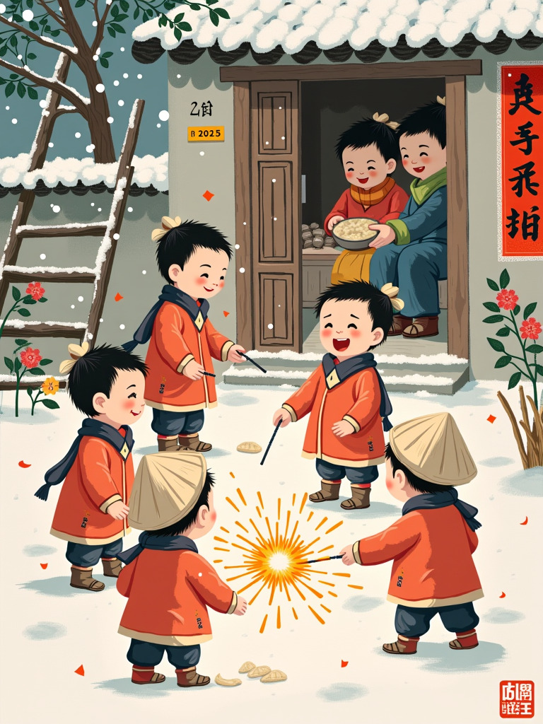 Happy Ai-Lunar New Year's Rural Town Celebrating Snow Scene Classic Painting Digital Art-FLUX.1 FLUX.1-Happy Ai