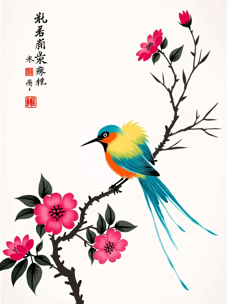 Happy Ai-Flowers and Birds Traditional Ink Wash Classic Painting Digital Art Chinese Painting-FLUX.1 FLUX.1-Happy Ai