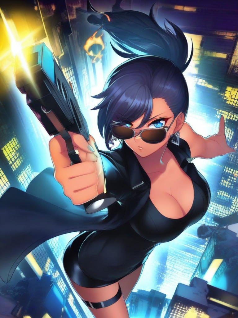 A vibrant and dynamic scene featuring an animated female character
