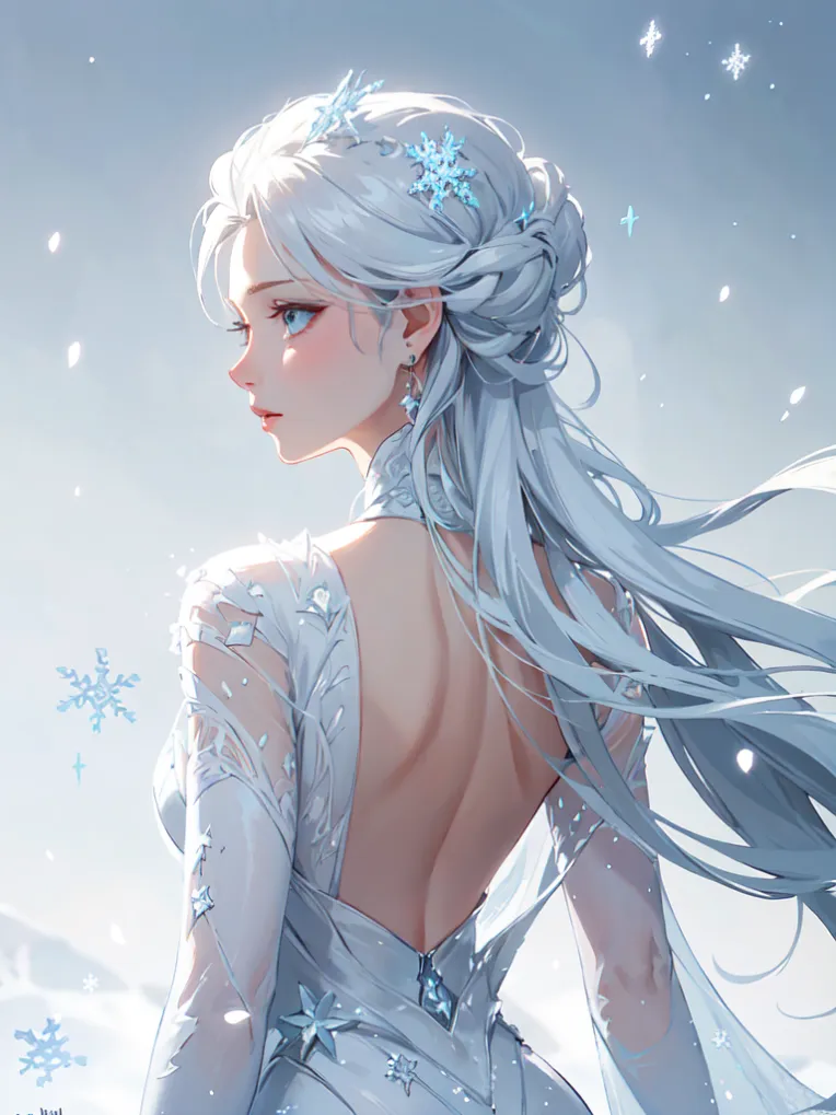 Elsa from Frozen, regal and icy, in a flowing snow-white gown with ...